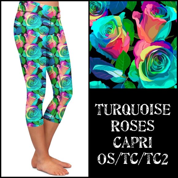 Turquoise Rainbow Roses Capri Soft Leggings - Picture 3 of 4